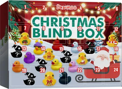 A Christmas advent calendar box with various rubber ducks displayed in front of it.
