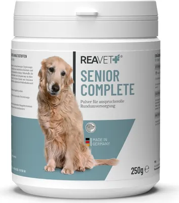 Produktbild von REAVET Senior Complete Pulver, alte Hunde 250g - Hund Senior Nahrungsergänzung, Mineralien, Vitamine für Hunde, Senioren Futter