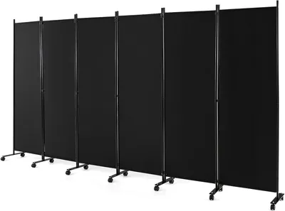 Produktbild von GOPLUS 6-teiliger Stoffraumteiler mit Rollen, 172cm hohe Sichtschutz mit Metallrahmen, Paravent Trennwand für Wohnzimmer & Esszimmer (Schwarz)