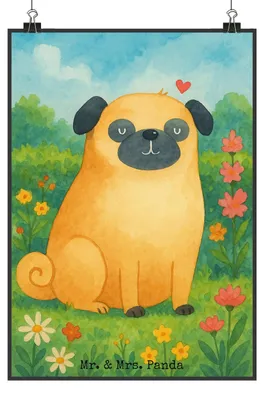 Produktbild von Mr. & Mrs. Panda Bild Mops Design DIN A3 - Weiß - Geschenk, wanddeko, Liebe, Sprüche, drucke, Hund, Kunstdruck, Plakat, Hundeliebe, typografie poster, Knuffig