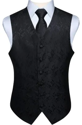 Productafbeelding van Herenset: Vest, das, zakdoek, paisley, bloemenprint, jacquard, 6 knopen, zwart, maat M, 100% zijde