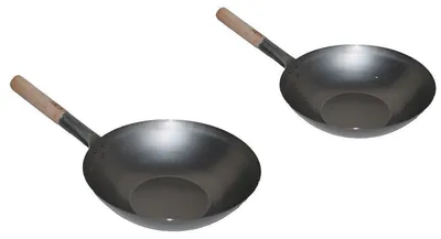 Produktbild von WOK SET, 35FB-38FB, Wok Pfanne 35 cm Ø flacher Boden + Wok Pfanne 38 cm Ø flacher Boden mit Holzgriff Kohlenstoffstahl