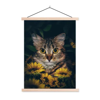 Produktbild von MuchoWow® Textilposter Katze - Gelb - Blumen - Botanisch 40x53 cm mit holzfarbenen Rahmen - Schlafzimmer