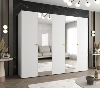 Obrázek produktu pro Zrcadlová šatní skříň CAITIR 2 250 cm - bílá / zlaté úchyty