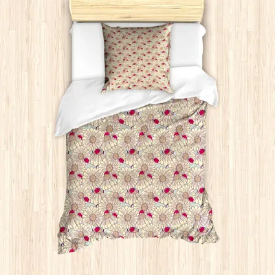 Obrázek produktu pro ABAKUHAUS Sada povlečení na peřinu s motivem berušky, vzorem květů a sedmikrásky s motivem jara, 135 x 200 cm + 80 x 80 cm, tmavě korálová krémová