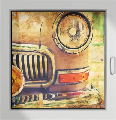 Produktbild von Wallario Lichtschutzbild, Dekorativer Sichtschutz Sonnenschutz 96 x 93 cm mit Motiv: Antiker Oldtimer in Sepiafarben - Frontansicht - Verdunklung ohne Bohren