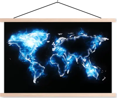 Produktbild von MuchoWow® Textilposter Weltkarte - Blau - Schwarz 60x40 cm mit holzfarbenen Rahmen - Bilder