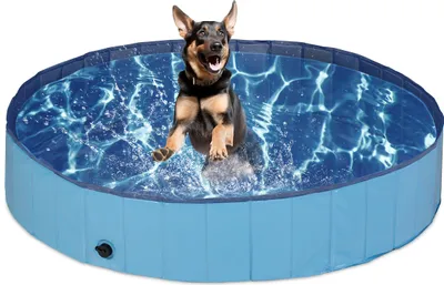 Immagine prodotto di Piscina per cani Relaxdays, A x P: 30 x 160 cm, pieghevole, con valvola di scarico, piscina per cani per rinfrescarsi, PVC e MDF, blu
