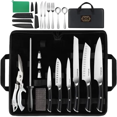 Immagine prodotto di Set di coltelli da cucina da 19 pezzi con custodia, affilacoltelli, forbici per pollame, in acciaio inossidabile, ideale per l'uso all'aperto e in cucina