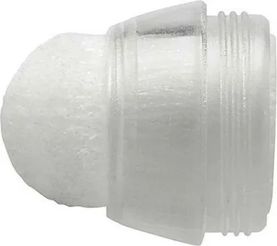 A close-up side view of a white felt tip for a stylus pen, attached to a clear plastic threaded connector.