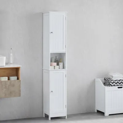 Image de Armoire de salle de bain en bois blanc, avec portes et étagère, 1 pièce, pour salle de bain et toilettes