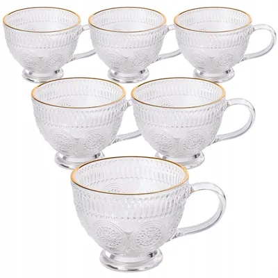 Zdjęcie produktu dla Zestaw 6 Filiżanek Ryflowanych Do Kawy Komplet Kubeków Szklanych 400Ml Gold