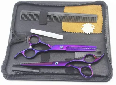 Produktbild von Lila Friseurscheren-Set aus Edelstahl mit Haarschneide- und Effilierschere
