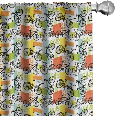Obrázok produktu pre ABAKUHAUS Záclony, závesy, retro štýl s motívom bicyklov, geometrické tvary v ručne maľovaných farbách, 2 kusy, 75 x 245 cm, viacfarebné