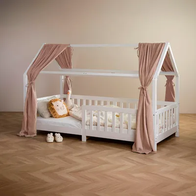 Produktbild von Hausbett Himmel NENA im 2er Set in taupe - Betthimmel aus 100% Baumwolle, Baldachin Musselin zweilagig, Bettvorhang für Kinder, Hausbett Deko