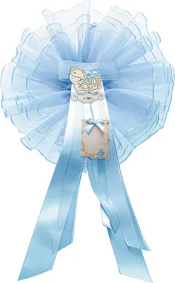 Produktbild von Kokarde zur Geburt mit Bändern aus Satin Pergament und Applikation von Schwänzen, Harz Pferd Hellblau Kinder