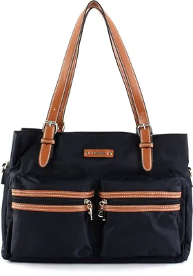 A black tote bag with brown leather accents and straps, presented against a white background.