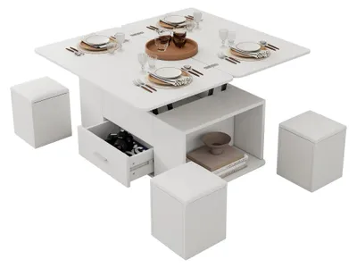 Immagine prodotto di Tavolino da divano regolabile in altezza - 4 in 1 - Multifunzionale - Trasformabile - Con cassetti - 4 poggiapiedi - Bianco