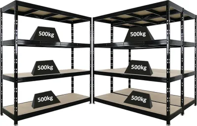 Produktbild von Mega Deal | 3x Profi Schwerlastregal Rhino | HxBxT 200x200x60cm | 4 Spanplatten-Ebenen 16mm | Fachlast 500kg | Schwarz