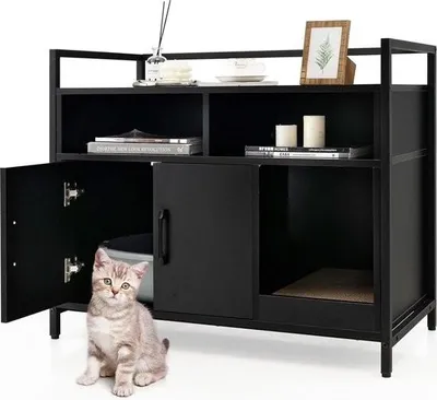 Image de Armoire à chat, bac à litière avec double porte et griffoir, maison pour chat avec étagère ouverte et 2 compartiments, panier pour chat, bac à litière, armoire, pour chats, chiens, animaux domestiques (Noir)