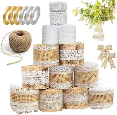 Produktbild von Juteband mit Spitze - 9 Rollen. Juteband mit Spitze - 4 Spitzenbänder, weiß, Vintage-Stil - Natürliche Spitzenbänder für DIY-Projekte, Weihnachten, Hochzeiten, Feiern, Geschenkverpackungen