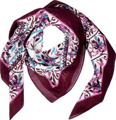 Image de Foulard en coton à motif floral et de vrilles 04, bordeaux multicolore, foulard carré