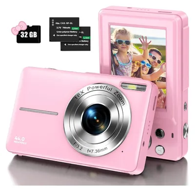 Produktbild von Digitalkamera mit 32G Micro SD Karte, 1080P Kinderkamera 44MP HD Kinderkamera inkl. 44MP HD mit 2,4“ LCD-Bildschirm 16X Digitalzoom und 2 Batterien, Beste Wahl für Anfänger, einfac