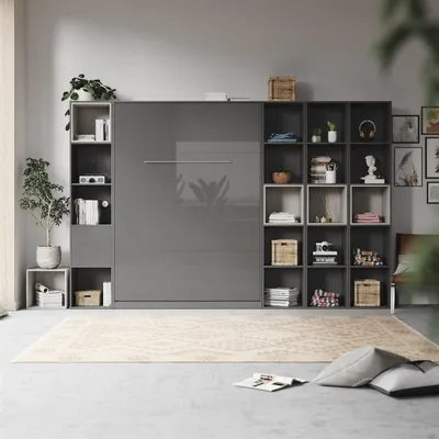 Produktbild von SMARTBett WOHNWAND Schrankbett 140x200 Vertikal mit Regalen Anthrazi/AnthrazitHochglanz/Beton