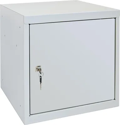 A gray metal storage cube with a single door and a key lock is shown against a white background.