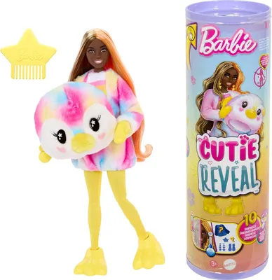 A Barbie Cutie Reveal doll dressed in a penguin costume, holding a plush penguin head, with a product packaging tube to the right.