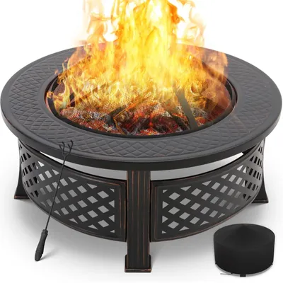 Produktbild von Runde Feuerstelle Garten 80,5 cm - Feuerschale Feuerkorb außen - Mit Funkenschutz, Grillrost, Schürhaken - Wetterfest für Grillen, Heizen, Terrasse, Lagerfeuer