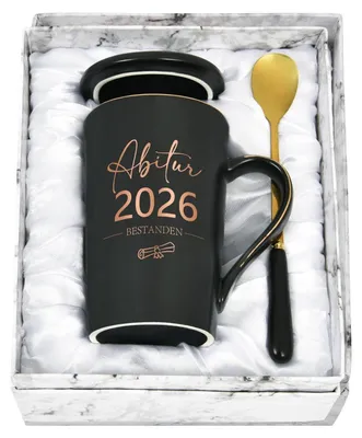 Productafbeelding van Koffiemok, afstudeergeschenk 2026, 400 ml, zwart, met lepel en deksel