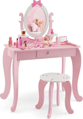 Produktbild von 2 in 1 Kinder Schminktisch mit Hocker und abnehmbarem Spiegel, Kinderschmink aus Holz, Frisierkommode, Kosmetiktisch, Prinzessin Frisiertisch mit Schublade für Kinder Mädchen