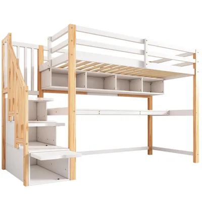 Obrázek produktu pro okwish Patrová postel 90x200 Dětská postel bez matrace, rám postele s integrovaným psacím stolem a policemi, masivní dřevo s integrovaným schodištěm, Bílá+Dub