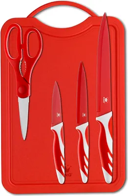 Produktbild von 5tlg. Messerset KING® ROT 3 Messer, 1 Schneidebrett, 1 Schere, / Messer mit Edelstahl beschichtete Klingen
