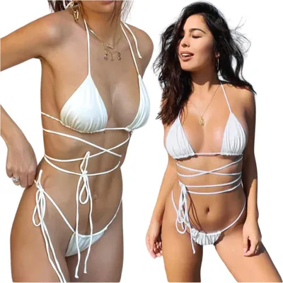 Immagine prodotto di Bikini costume da bagno due pezzi bianco con lacci spiaggia abbronzatura M