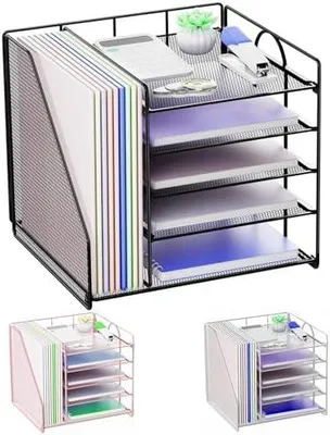 Produktbild von Schreibtisch-Organizer, 5-Stufiger Papierkorb-Organizer mit Aktenhalter, Netz-Aktenhalter, Schreibtisch-Organizers und Aufbewahrung für Schreibtischzubehör und Büromaterial, Schwarz