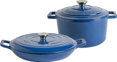 Produktbild von Argon Ta 2 Stück aus Gusseisen Auflaufgericht Set - Enameled Dutch Oven - Selbst Basting Deckel - HOB Backofen - 2 Größen - Mitternachtsblau