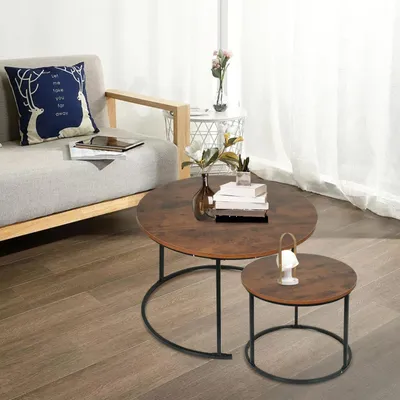 Produktbild von 2er Set Couchtisch Runder Satztisch Metallgestell,Stapelbar Beistelltisch Set,Kaffeetisch Industriestil Design Sofatisch Kleiner Tisch 70x45+50x38cm