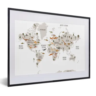 Produktbild von MuchoWow® Gerahmtes Poster Weltkarte Kinder - Dinosaurier - Kinderzimmer - Jungen - Mädchen - Kinder 40x30 cm - Poster mit Schwarzem Bilderrahmen Wandposter Rahmen Foto Bilder - Bilderrahmen - Poster im Rahmen