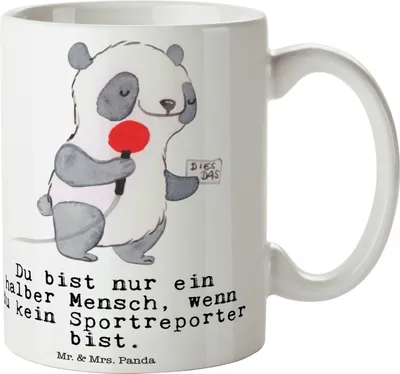 Produktbild von Mr. & Mrs. Panda Becher Sportreporter Herz - Weiß - Geschenk, Pott, Tasse, Kaffeetasse, Keramiktasse, schöne
