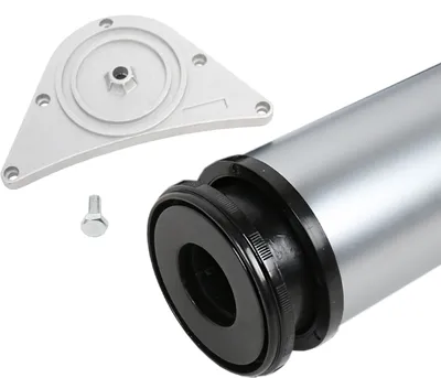 A close-up view of a table leg and mounting bracket, isolated on a white background.