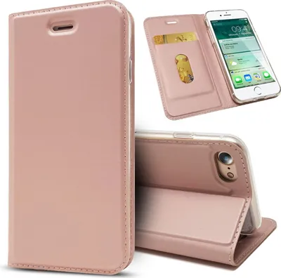 Produktbild von NALIA Klapp Hülle für iPhone SE 2022 / SE 2020 / 8 / 7, Handy Case Kunst Leder Rose Gold