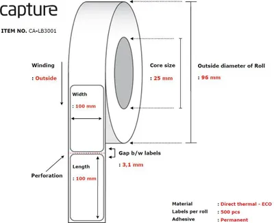Produktbild von Capture CA-LB3001, Weiß, Rolle, Thermodirekt, Permanent, -10 - 40 °C, 9,6 cm