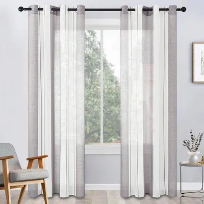 Produktbild von Unyqoos® Voile-Gardinen, halbtransparent, gestreift, kurz, mit Ösen, Polyester, Weiß/Grau, 260 x 140 cm (H x B), 2er-Set für Wohnzimmer/Kinderzimmer/Schlafzimmer