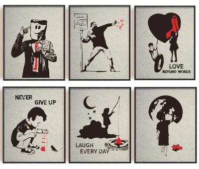 Productafbeelding van 6-delige Banksy Wanddecoratie - Moderne kunst met inspirerende citaten