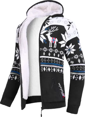 Productafbeelding van Nebulus Norweger Jack met teddyvoering, model NORON, voor heren, met capuchon, stijlvolle trui in Noorse stijl, artikelnummer P6403, voor heren, zwart-wit, maat 3XL