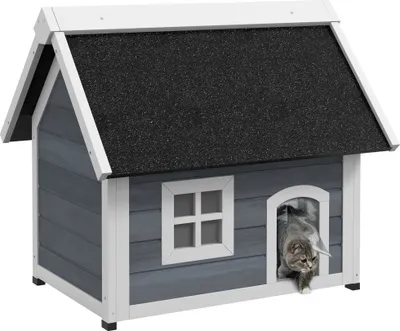 Produktbild von PawHut Katzenhaus Outdoor Katzenhöhle aus Holz, mit Aufklappbar Asphaltdach, Wetterfest Katzenhütte mit Fenster, 3 Türen, 77 x 57,5 x 68 cm, Grau