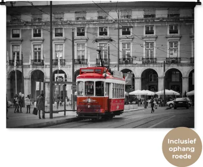 Produktbild von MuchoWow® Wandteppich Wandbehang Schwarz-Weiß-Foto mit einer roten Straßenbahn 120x80 cm Tapisserie Dekoration Wandtuch - Wanddekorationen - Wandtücher
