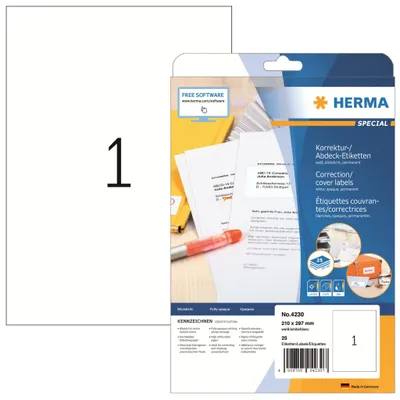 Produktbild von Korrektur-/Abdecketiketten A4 weiß 210x297 mm Papier matt blickdicht 25 St.